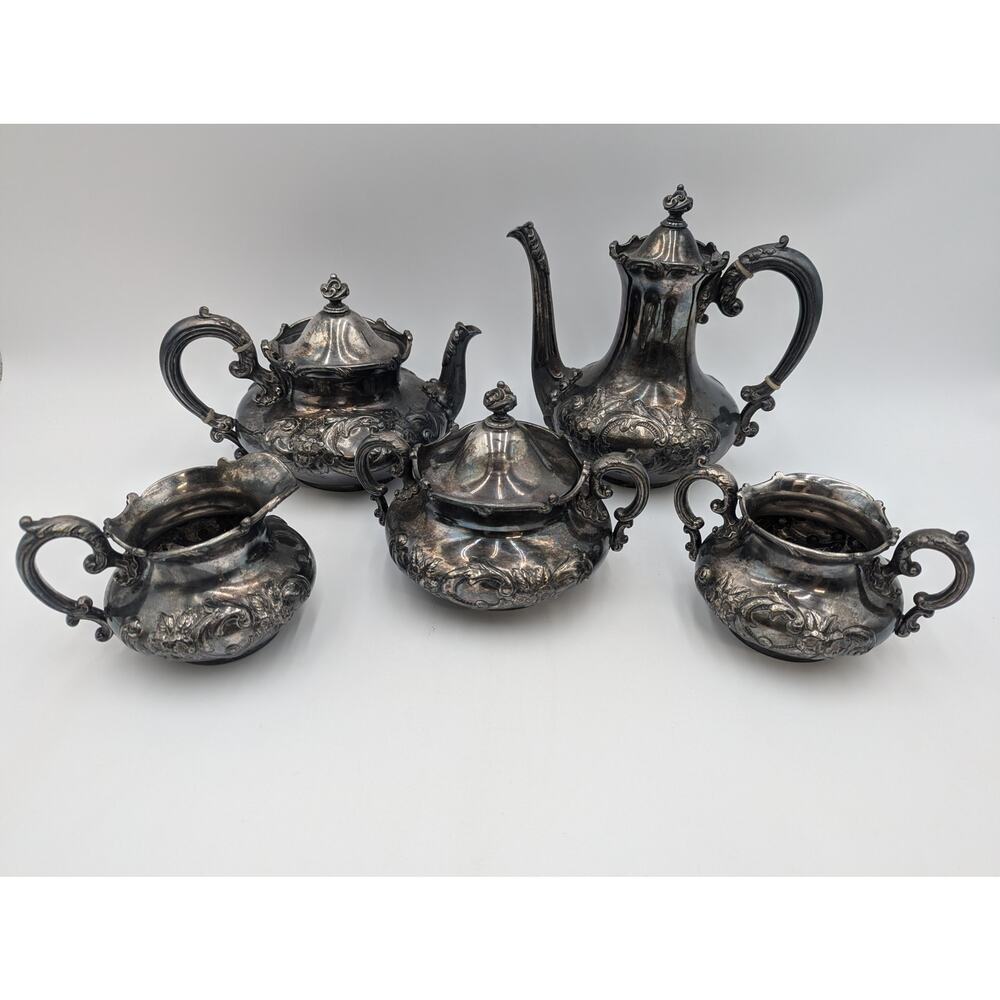 Antique Wilcox Quadruple Silver Plate Repousse Tea Coffee Cream Sugar 5 Pieces